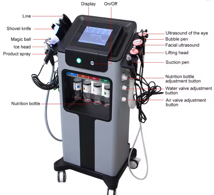 Aparat Hydro Dermabrasion 10-in-1 (Hydra Facial) – Curățare profunda, exfoliere, oxigenare, lifting & infuzie seruri – cu manere multiple