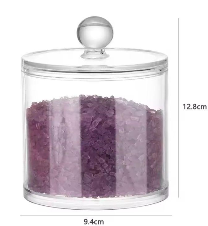 Recipient transparent cu capac (9.4 × 12.8 cm) – borcan elegant pentru sare de baie, cosmetice și accesorii