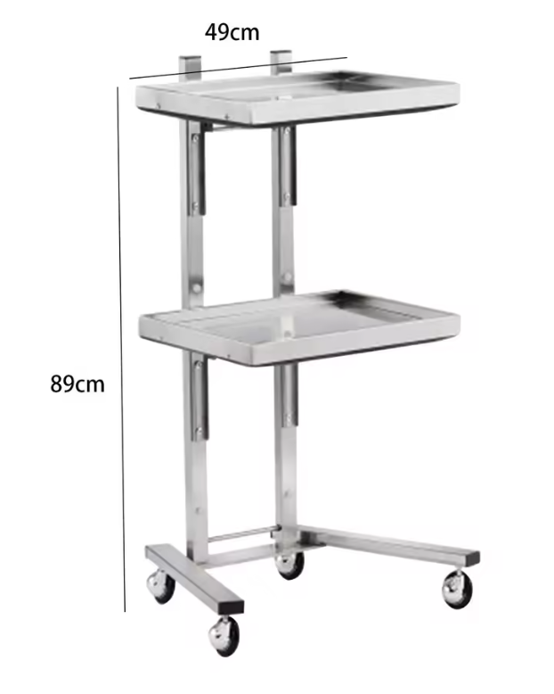 Carucior metalic / ucenic profesional cu 2 polite – pe roti – 49 × 89 cm (pentru salon, cabinet, PMU, tatuaj)